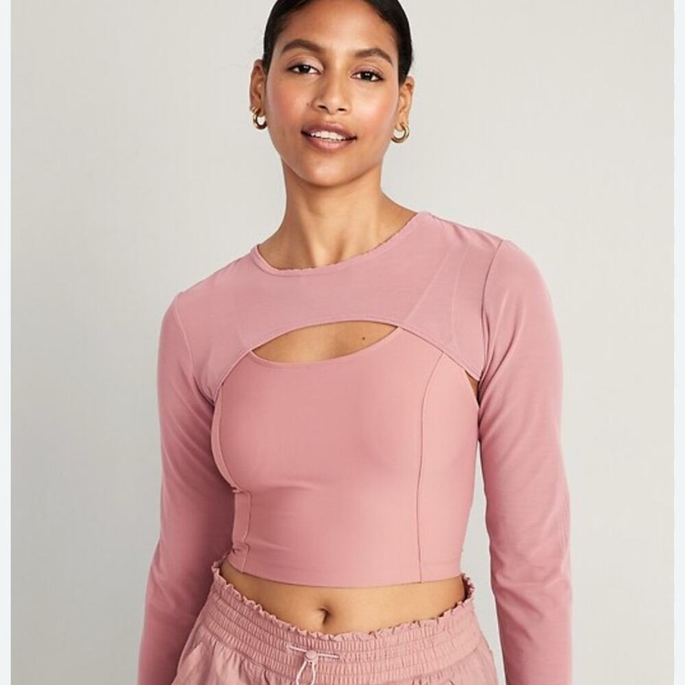NWT Old Navy PowerSoft 2-in-1 Mesh-Sleeve Crop Top Pink Hue Small